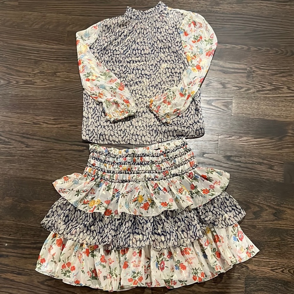 Current Air floral abstract print mix ruffle round neck blouse